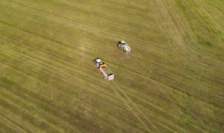 Aerial view of tractors in a field